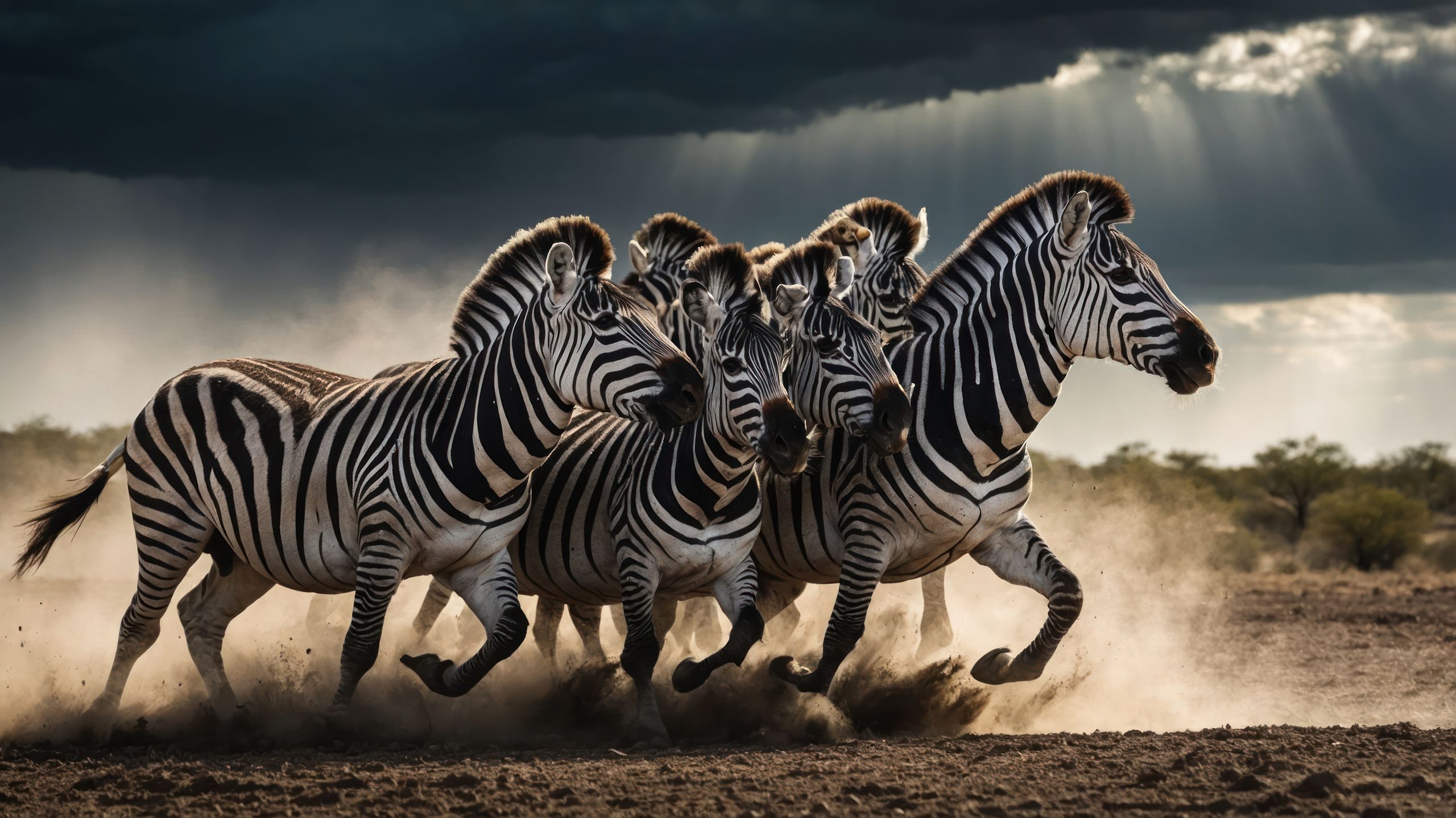 a dynamic scene of zebras running through dusty terrain under dramatic lighting.