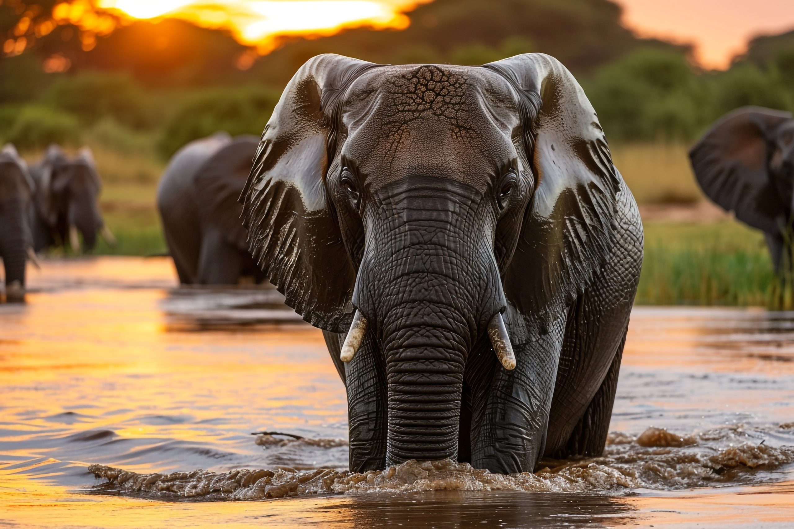 a herd of elephants walking through a river background
